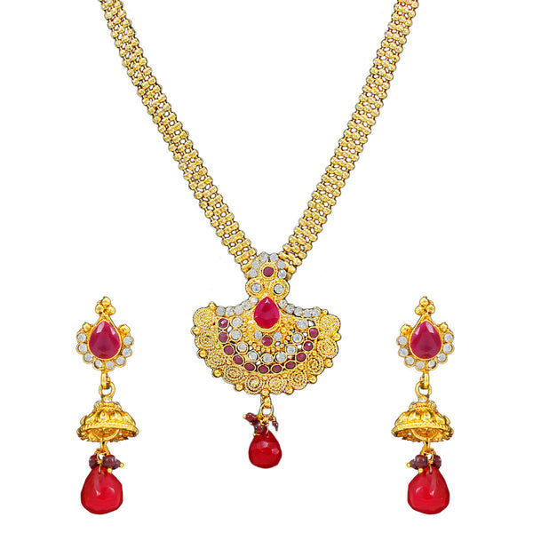 Royal Gold Plated Designer Kundan Stone Rani Har Design Necklace and  Jhumka Earrings with White  Red Stones and Pearl Chain