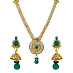 Load image into Gallery viewer, Royal Gold Plated Designer Kundan Stone Rani Har Design Necklace  and  Jhumka Earrings with White Green Stones and Pearl Chain

