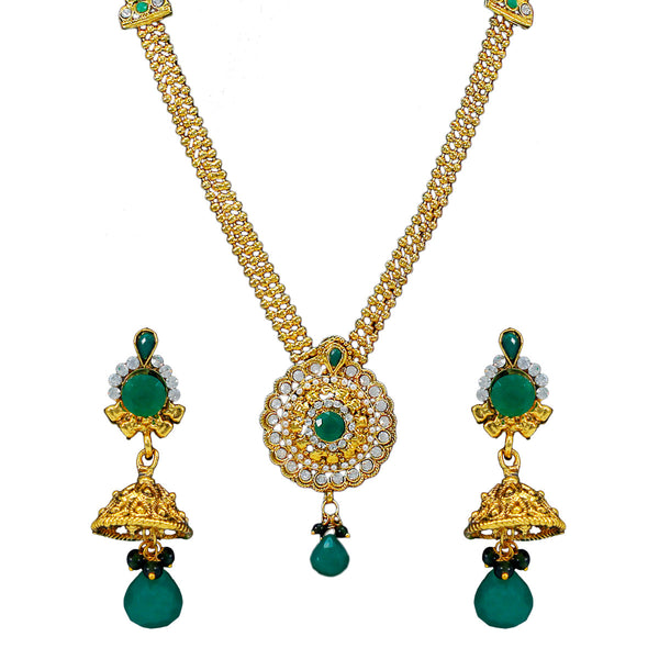 Royal Gold Plated Designer Kundan Stone Rani Har Design Necklace  and  Jhumka Earrings with White Green Stones and Pearl Chain