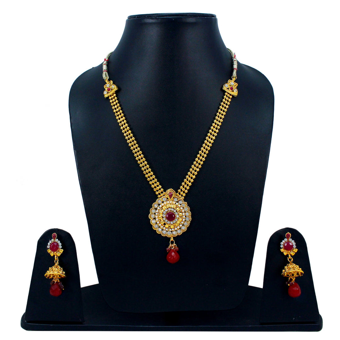 Royal Rani Har Design Necklace and Jhumka Earrings with White Red Stones and Pearl Chain