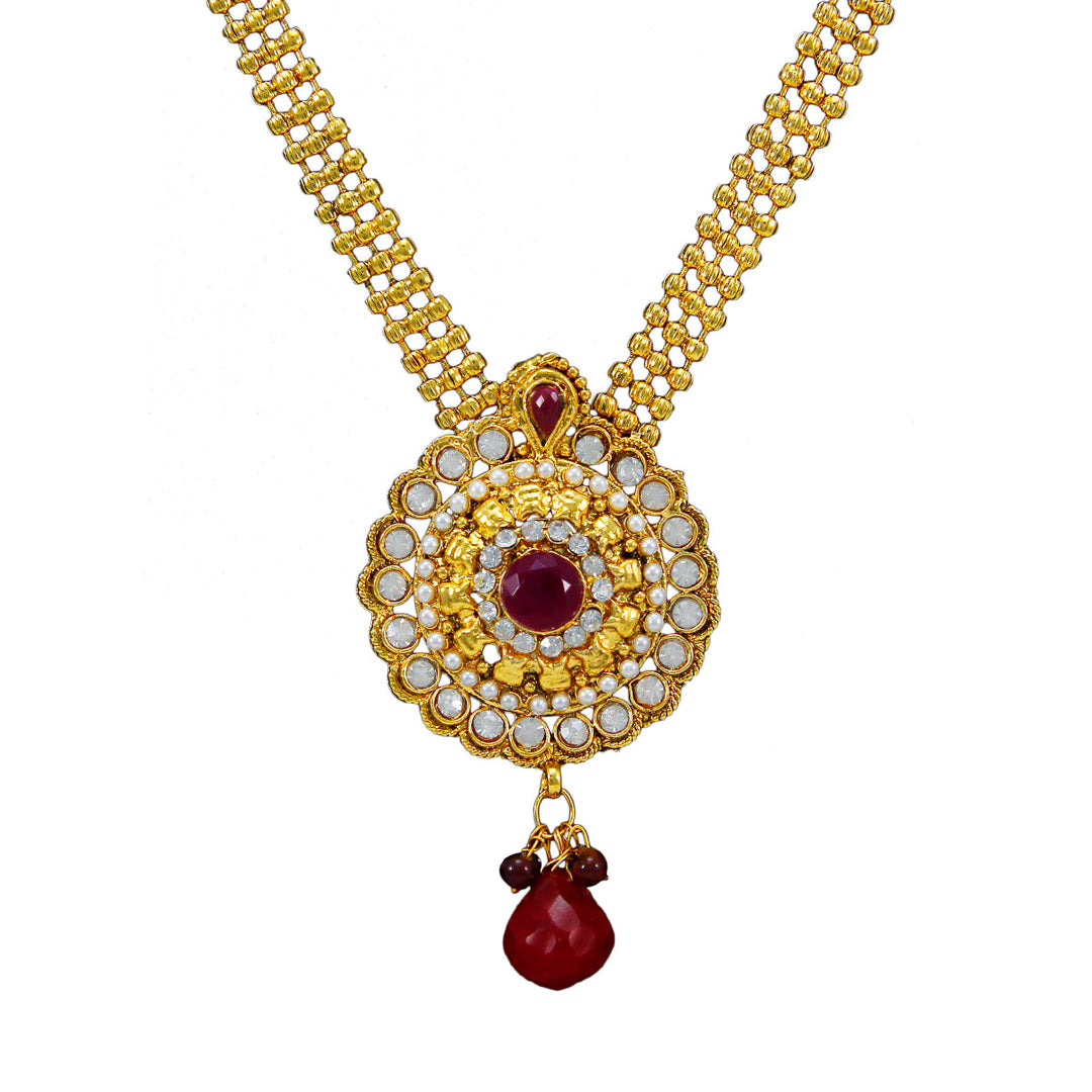 Royal Rani Har Design Necklace and Jhumka Earrings with White Red Stones and Pearl Chain