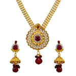 Load image into Gallery viewer, Royal Rani Har Design Necklace and Jhumka Earrings with White Red Stones and Pearl Chain
