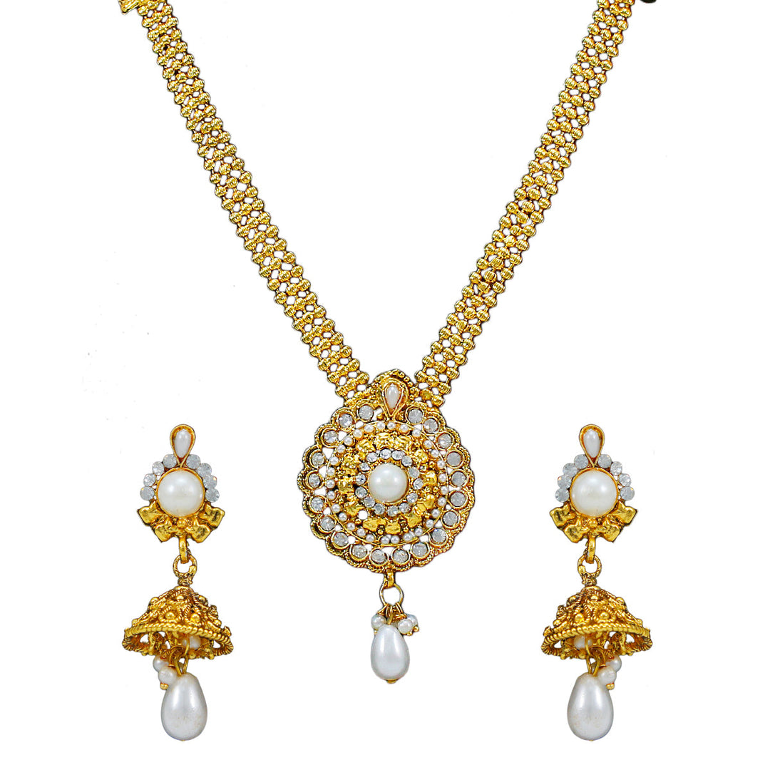 Royal Rani Har Design Necklace and Jhumka Earrings with White Stone