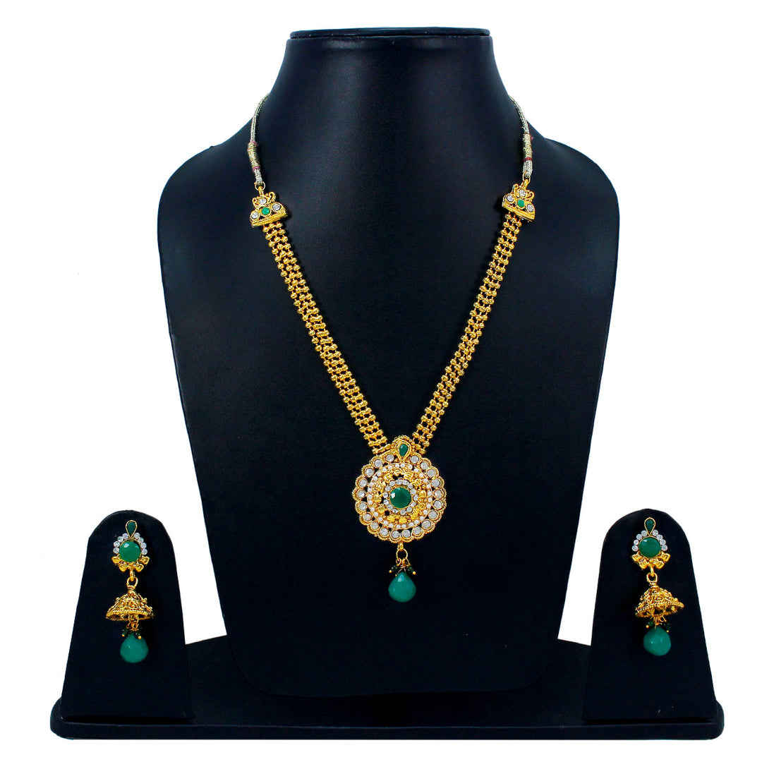 Royal Gold Plated Designer Kundan Stone Rani Har Design Necklace  and  Jhumka Earrings with White Green Stones and Pearl Chain