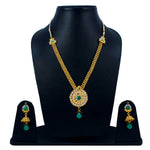 Load image into Gallery viewer, Royal Gold Plated Designer Kundan Stone Rani Har Design Necklace  and  Jhumka Earrings with White Green Stones and Pearl Chain
