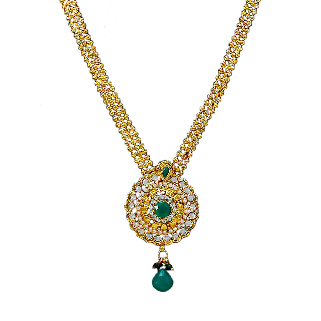 Royal Gold Plated Designer Kundan Stone Rani Har Design Necklace  and  Jhumka Earrings with White Green Stones and Pearl Chain