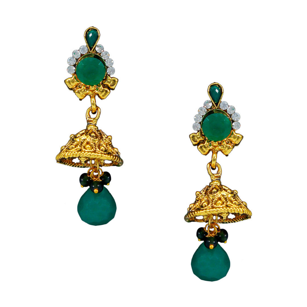 Royal Gold Plated Designer Kundan Stone Rani Har Design Necklace  and  Jhumka Earrings with White Green Stones and Pearl Chain