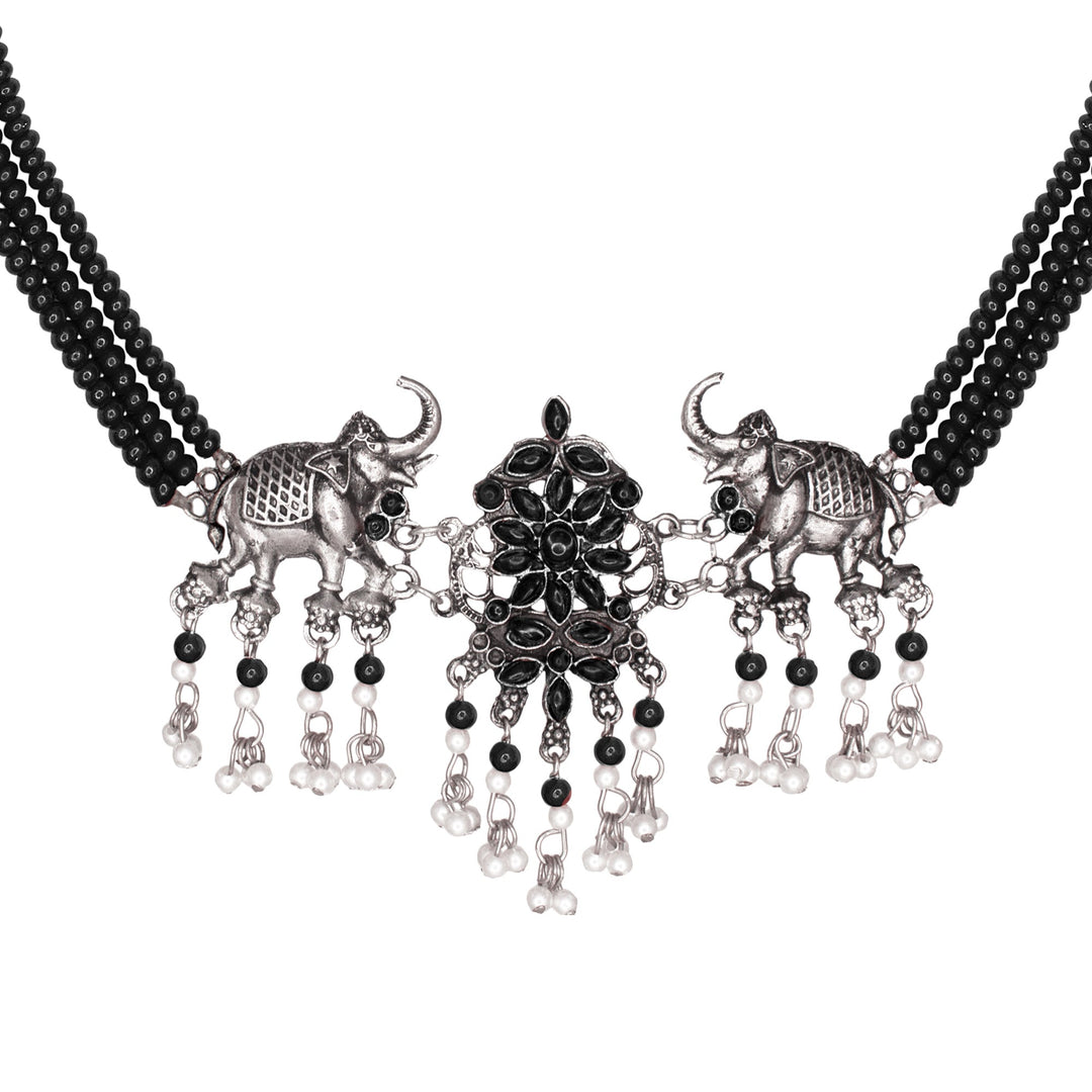 Abhinn Silver Oxidised Elephant And Floral Design Black Choker Set For Women