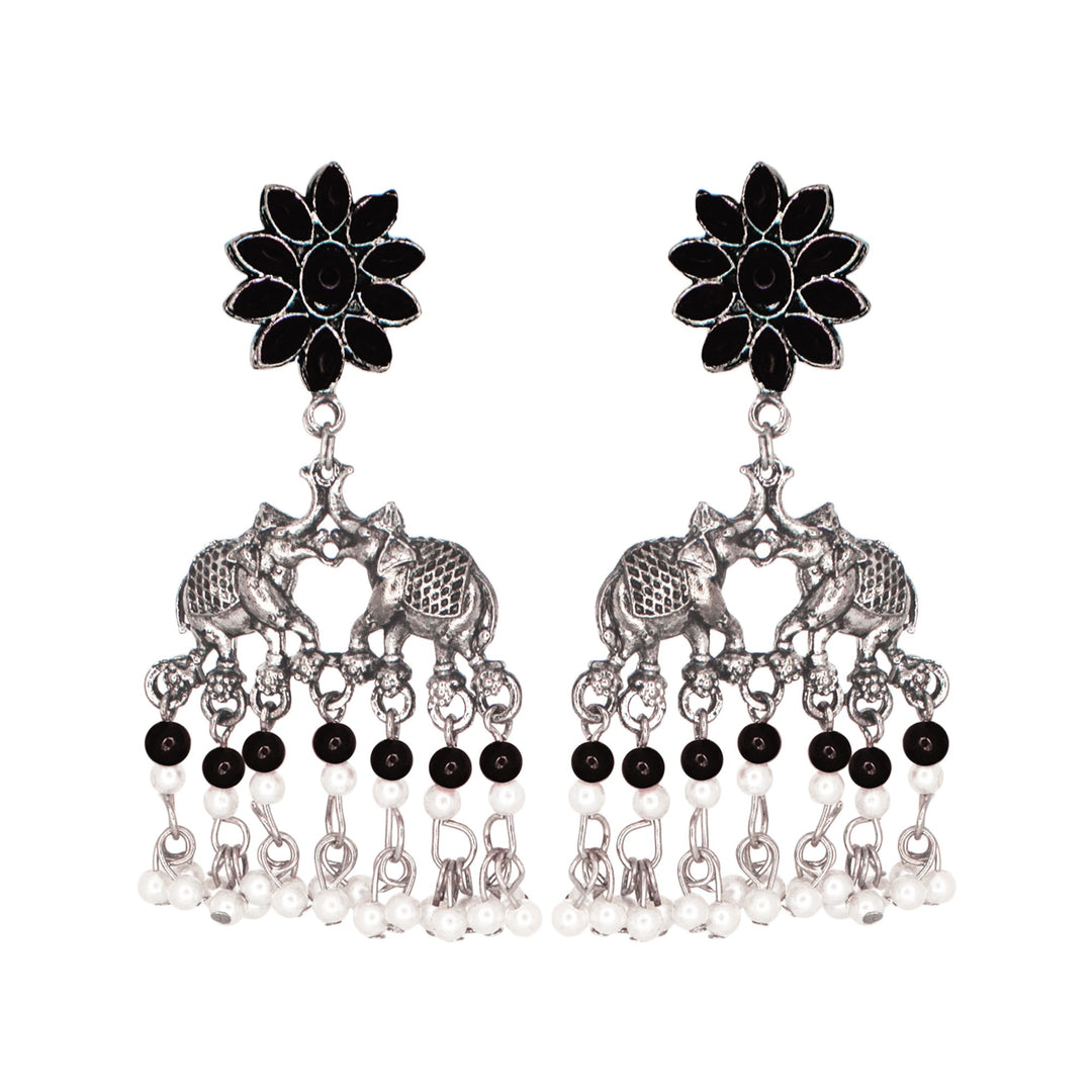 Abhinn Silver Oxidised Elephant And Floral Design Black Choker Set For Women