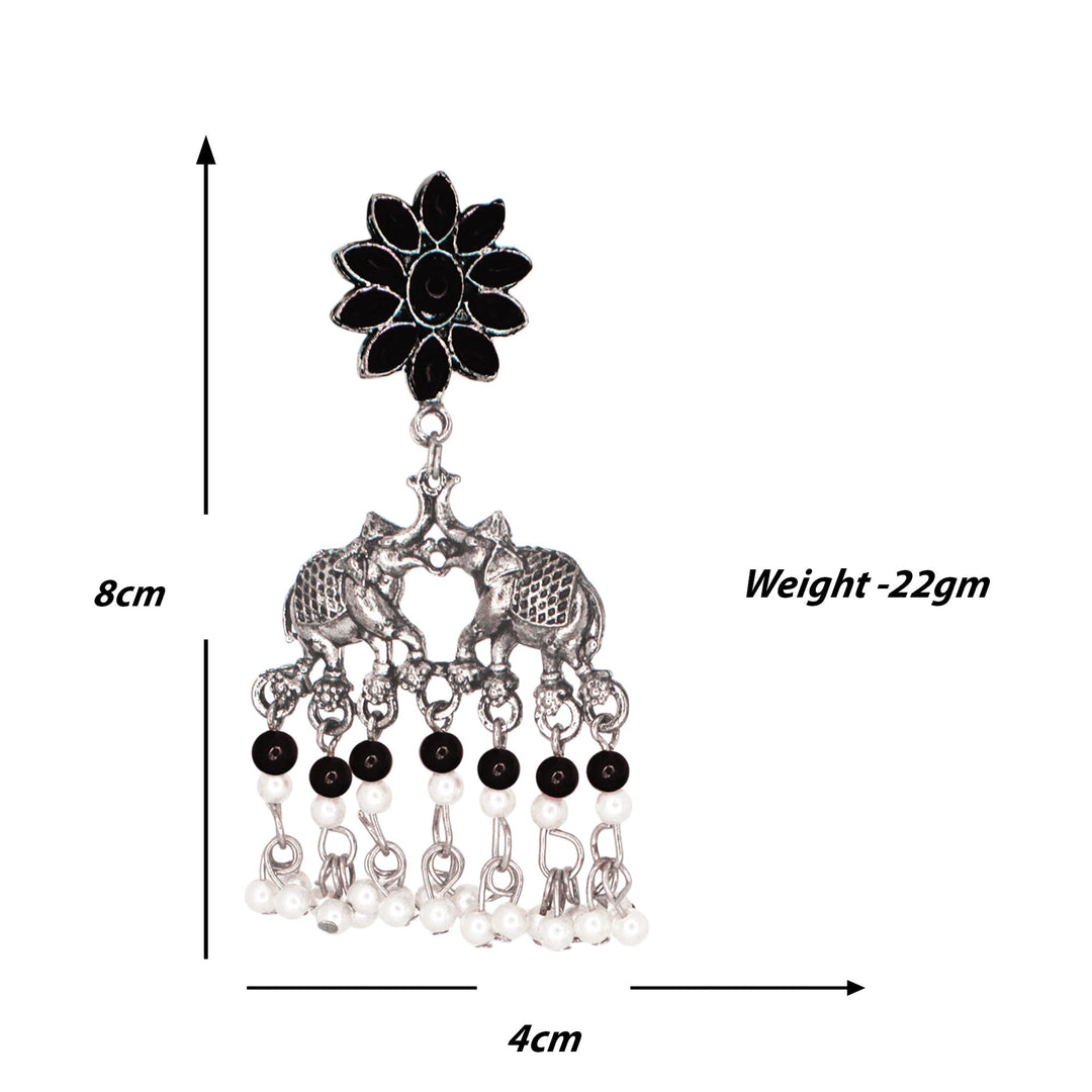 Abhinn Silver Oxidised Elephant And Floral Design Black Choker Set For Women