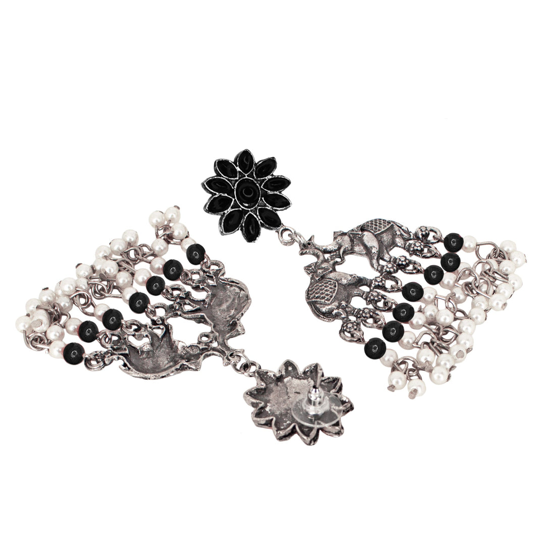 Abhinn Silver Oxidised Elephant And Floral Design Black Choker Set For Women