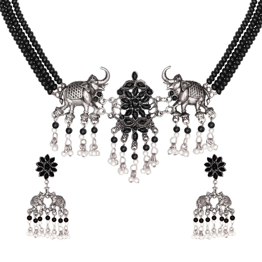 Abhinn Silver Oxidised Elephant And Floral Design Black Choker Set For Women