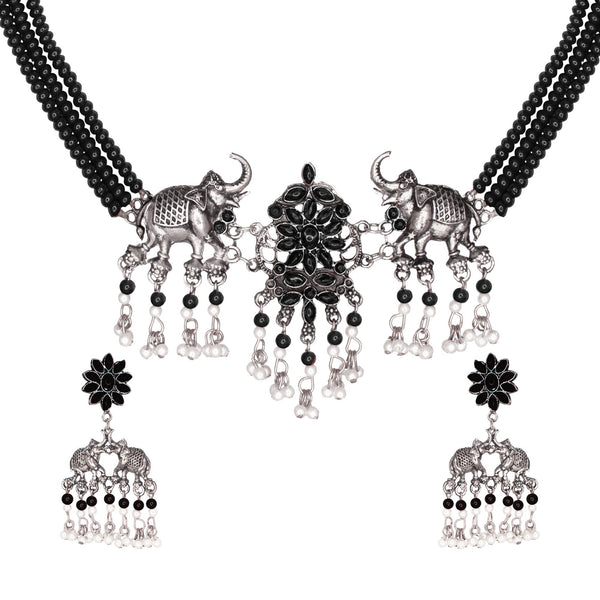 Abhinn Silver Oxidised Elephant And Floral Design Black Choker Set For Women