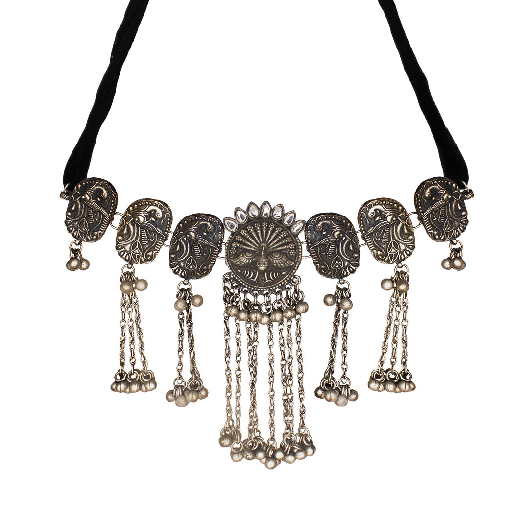 Abhinn Black Silver Oxidised Peacock Design and White CZ Stone Necklace Set For Women