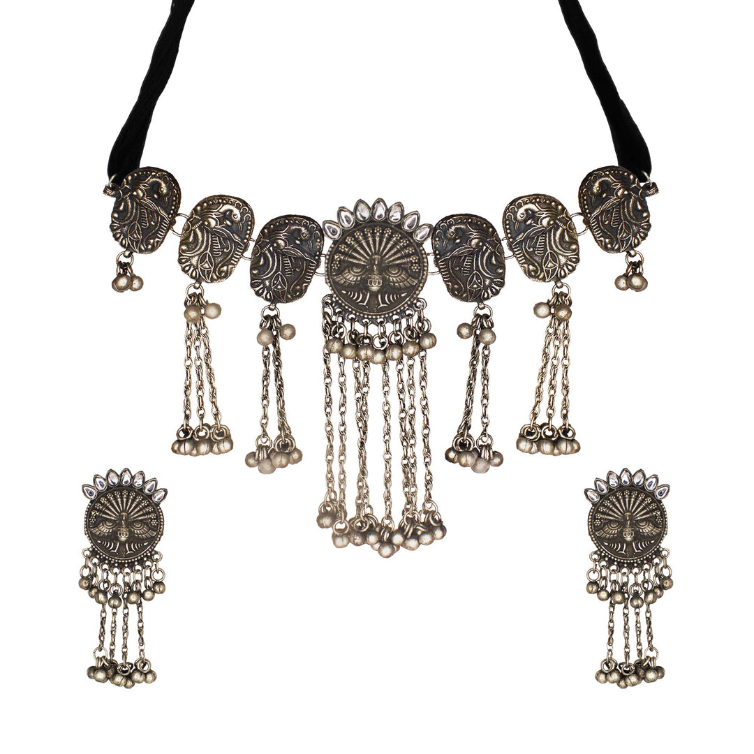 Abhinn Black Silver Oxidised Peacock Design and White CZ Stone Necklace Set For Women