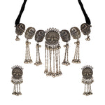 Load image into Gallery viewer, Abhinn Black Silver Oxidised Peacock Design and White CZ Stone Necklace Set For Women
