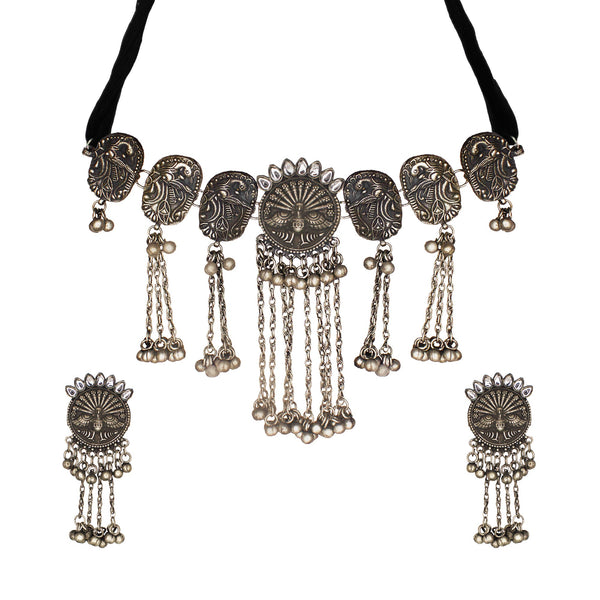 Abhinn Black Silver Oxidised Peacock Design and White CZ Stone Necklace Set For Women
