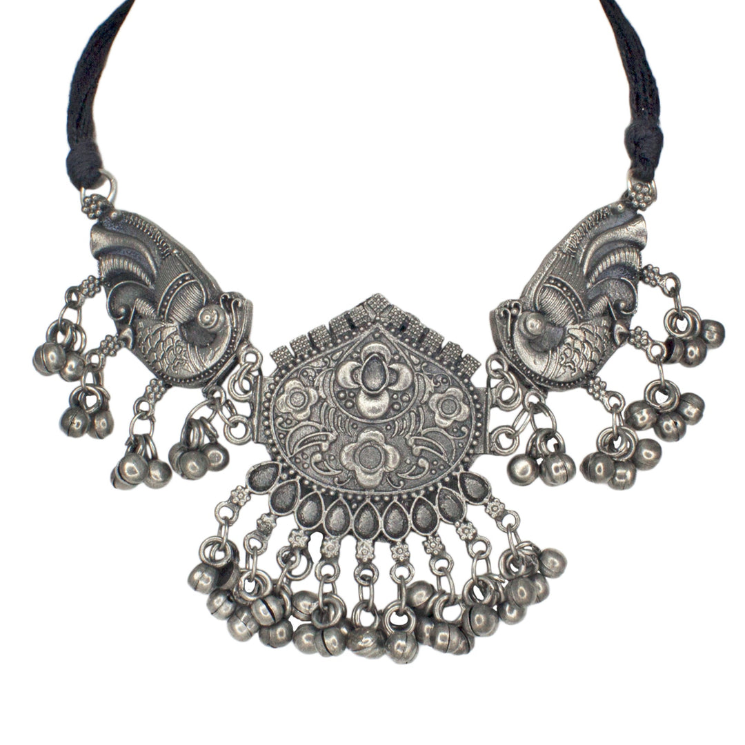 Abhinn Stylish Black Polished Floral And Peacock Design Mirror Choker Set For Women