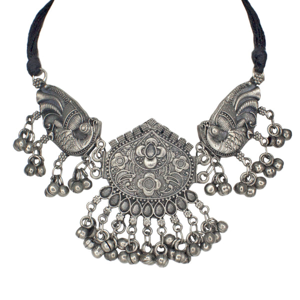 Abhinn Stylish Black Polished Floral And Peacock Design Mirror Choker Set For Women