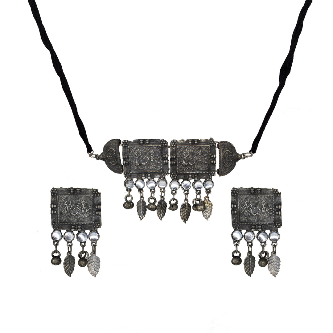 Abhinn Silver Oxidised Laxmi Ganesha Temple Design Necklace Set With white For Women