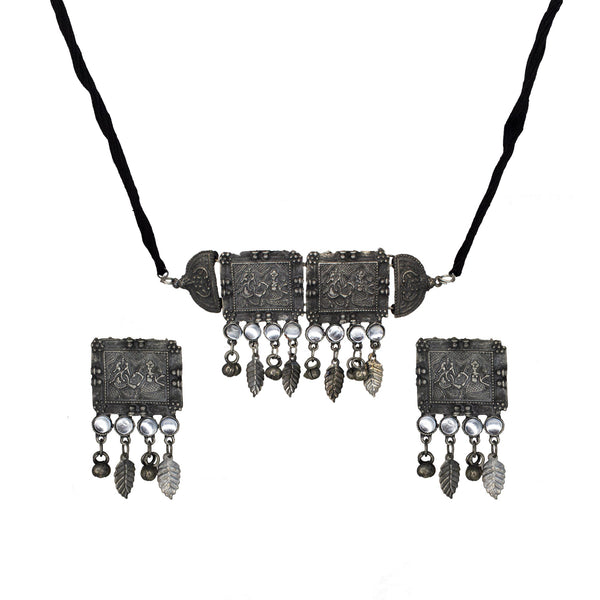 Abhinn Silver Oxidised Laxmi Ganesha Temple Design Necklace Set With white For Women