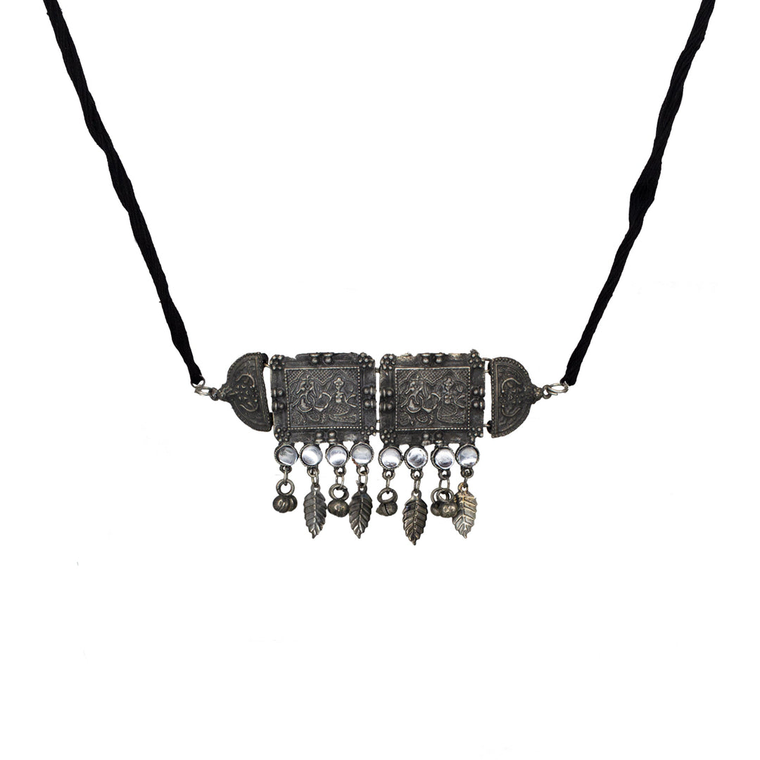 Abhinn Silver Oxidised Laxmi Ganesha Temple Design Necklace Set With white For Women