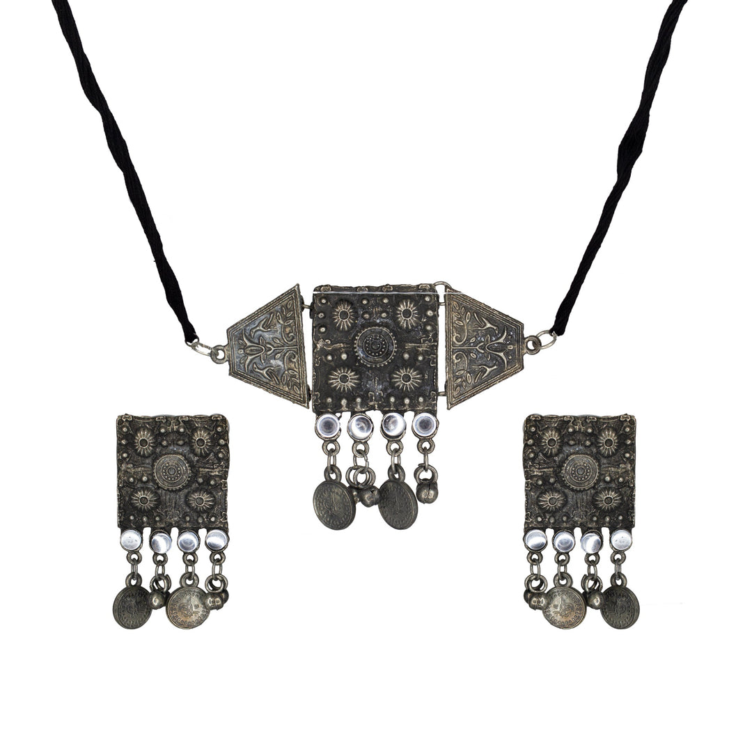 Abhinn Silver Oxidised Temple Design Necklace Set With White CZ Stones For Women