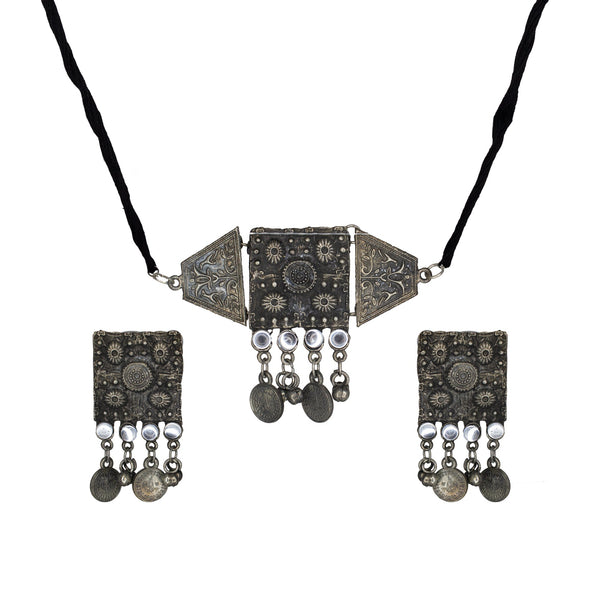 Abhinn Silver Oxidised Temple Design Necklace Set With White CZ Stones For Women
