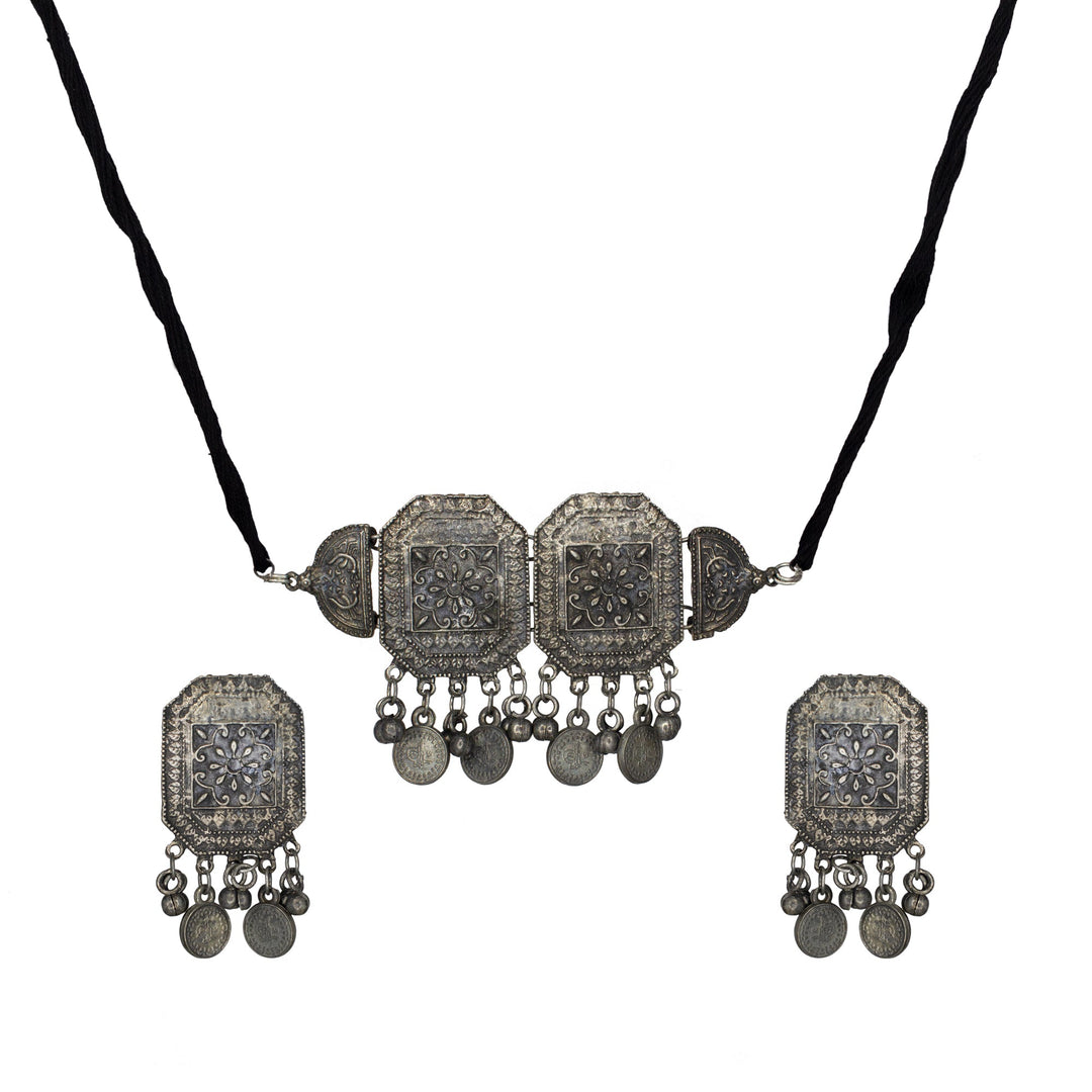 Abhinn Silver Oxidised Temple Design Necklace Set For Women