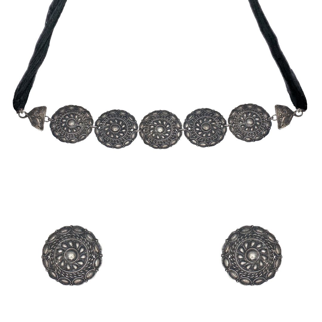 Abhinn Black Polished Tribal And Floral Design Choker Set For Women