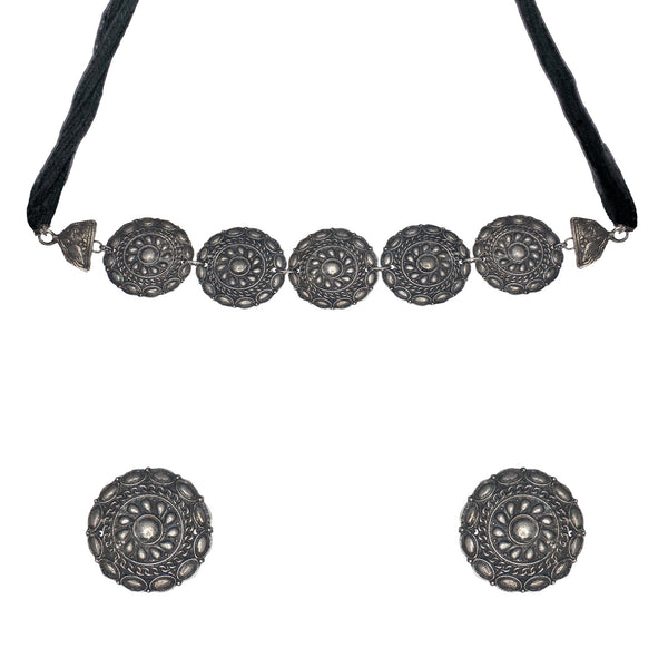 Abhinn Black Polished Tribal And Floral Design Choker Set For Women
