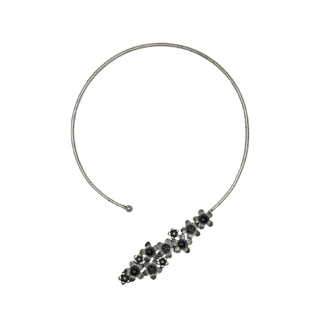 Abhinn Silver Oxidised Black Floral Design Hasli Necklace Set For Women