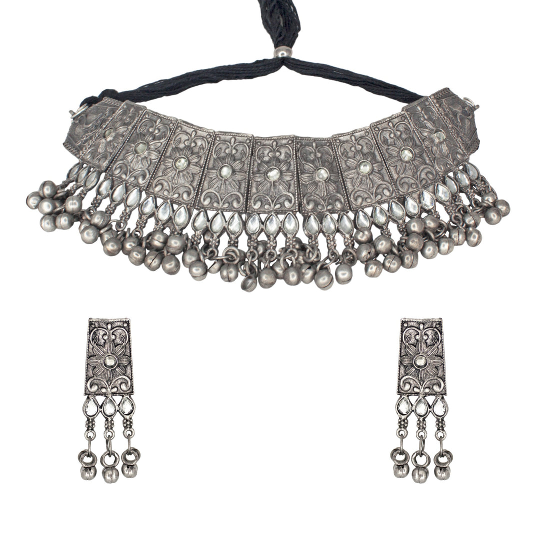 Abhinn Black Polished Floral Design Choker Set For Women