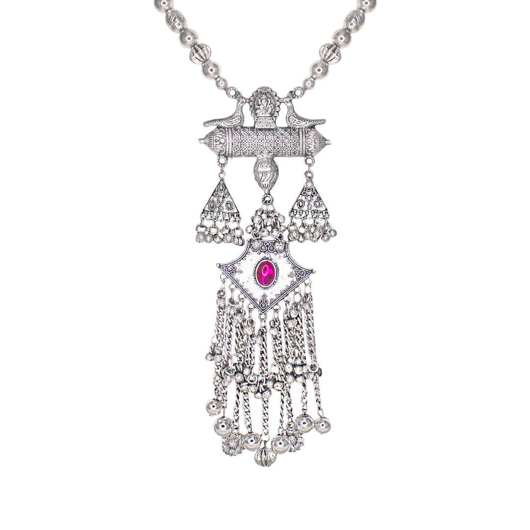 Abhinn Silver Oxidised Ganesh and Peacock Design Pink Pendant Set For Women