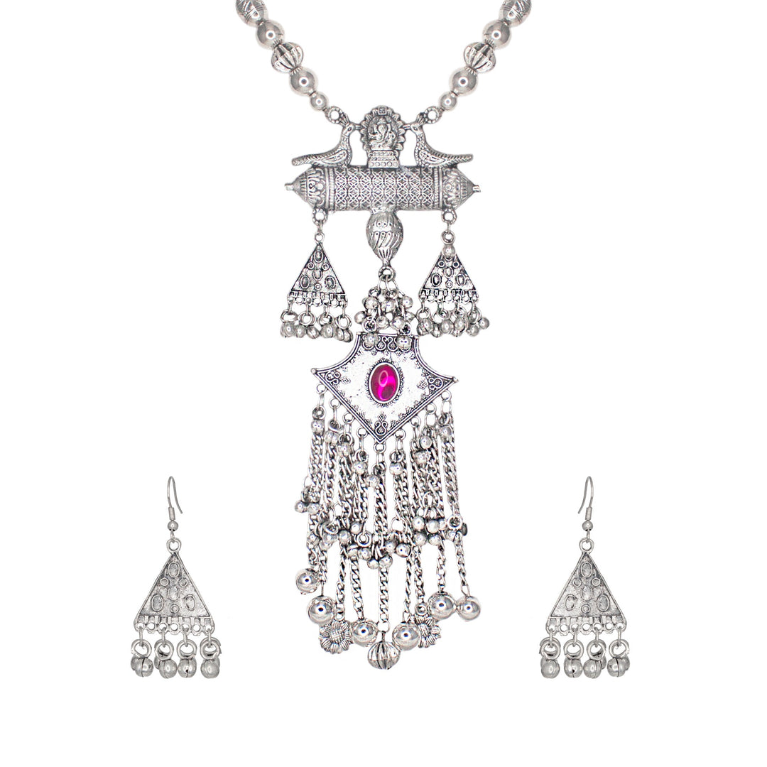 Abhinn Silver Oxidised Ganesh and Peacock Design Pink Pendant Set For Women