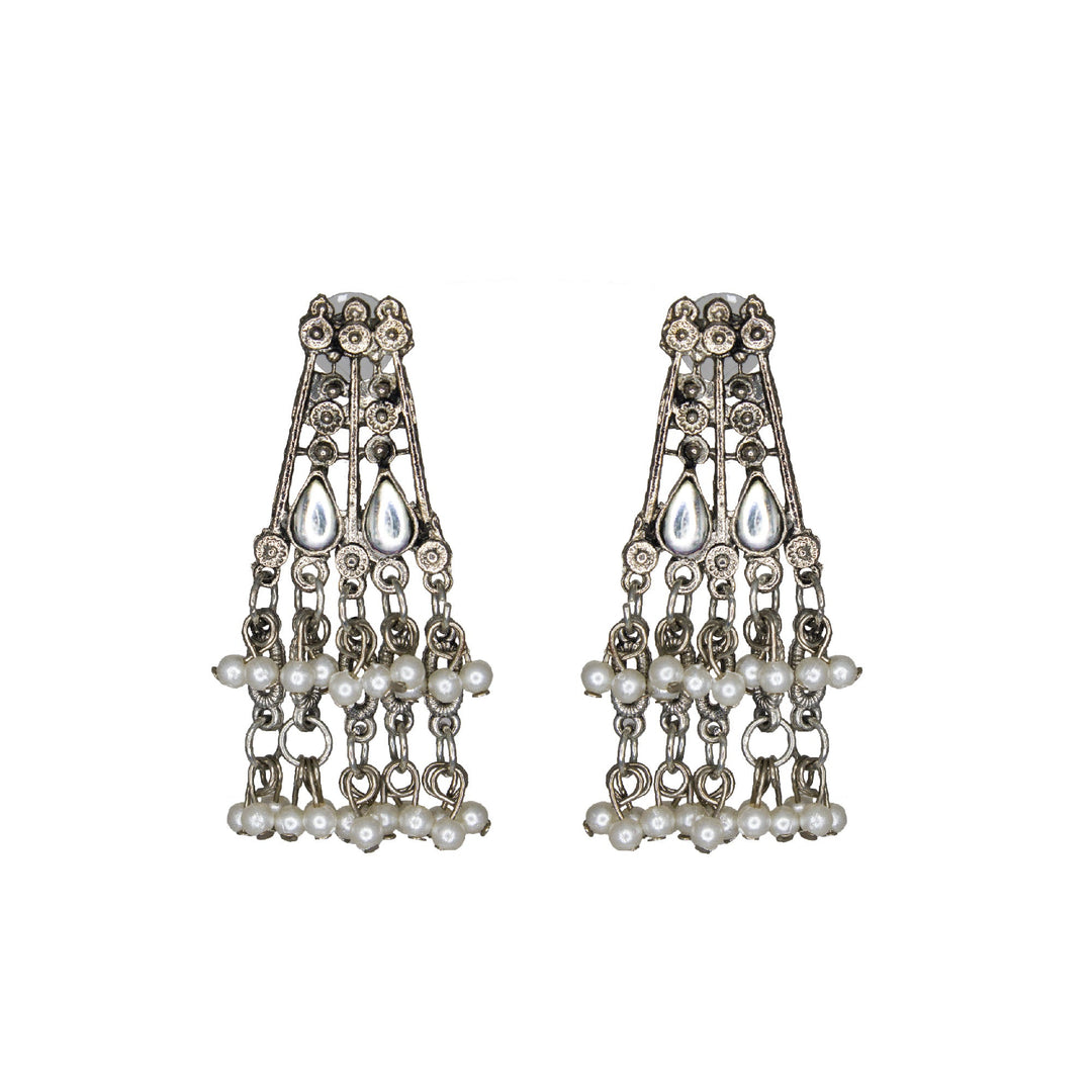 Abhinn Silver Oxidised Floral Necklace Seṭ With White CZ Stones & Pearls