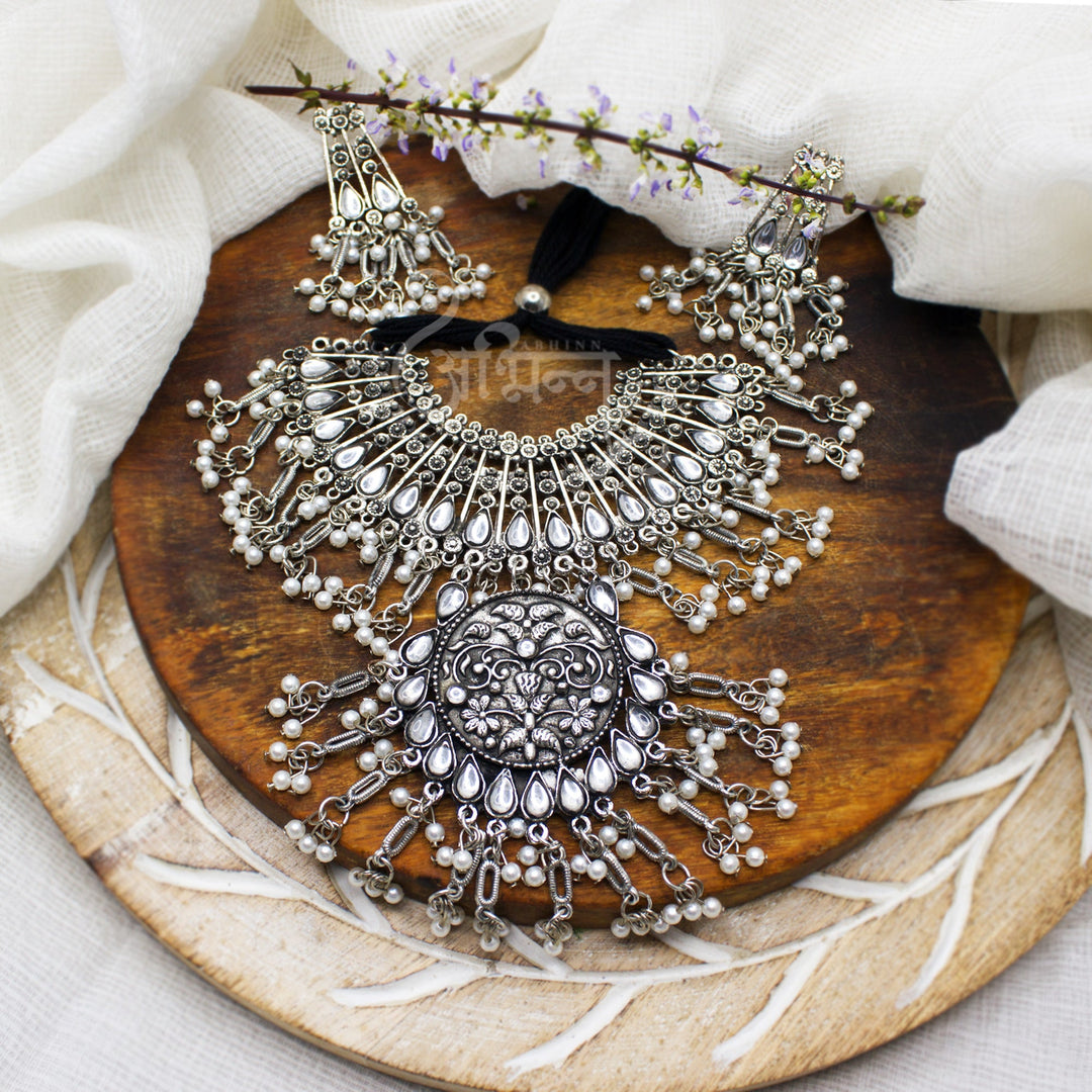 Abhinn Silver Oxidised Floral Necklace Seṭ With White CZ Stones & Pearls