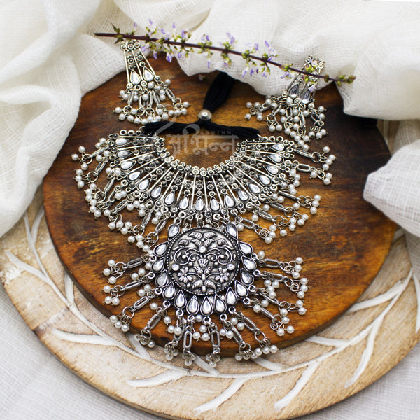Abhinn Silver Oxidised Floral Necklace Seṭ With White CZ Stones & Pearls