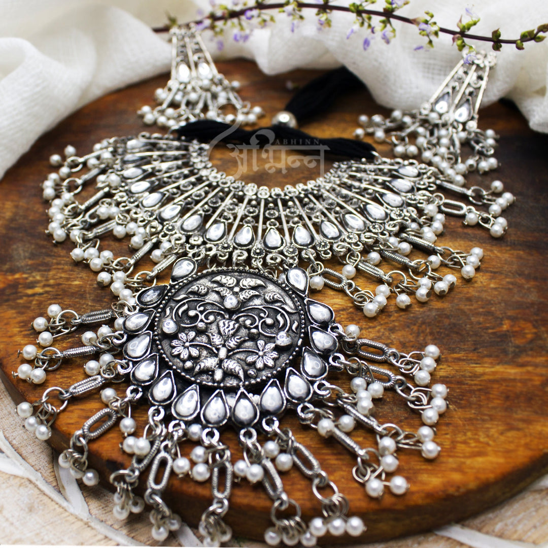Abhinn Silver Oxidised Floral Necklace Seṭ With White CZ Stones & Pearls