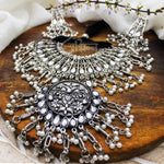 Load image into Gallery viewer, Abhinn Silver Oxidised Floral Necklace Seṭ With White CZ Stones &amp; Pearls
