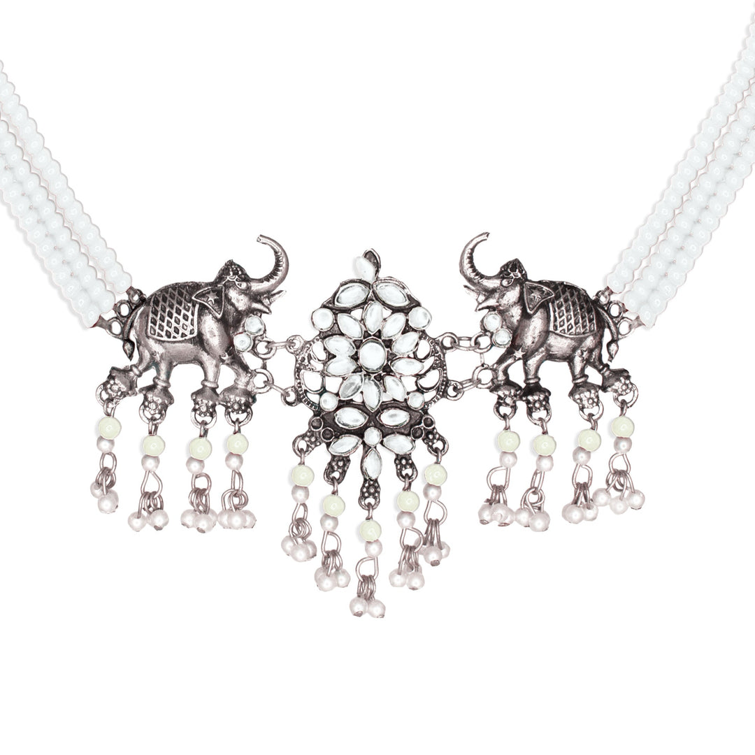 Abhinn Silver Oxidised Elephant And Floral Design White Choker Set For Women