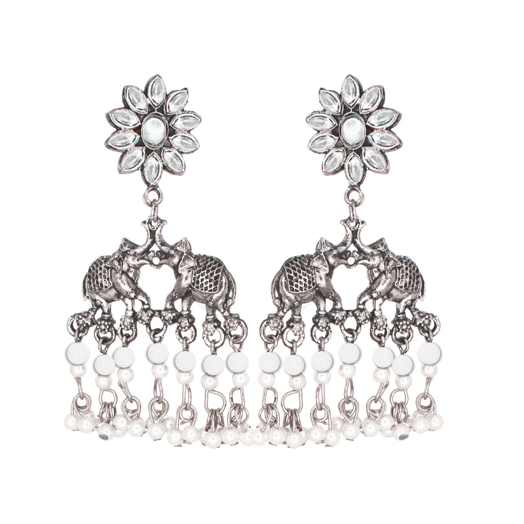 Abhinn Silver Oxidised Elephant And Floral Design White Choker Set For Women