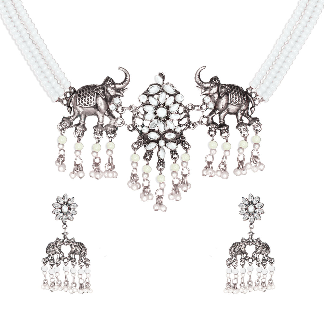 Abhinn Silver Oxidised Elephant And Floral Design White Choker Set For Women