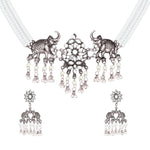 Load image into Gallery viewer, Abhinn Silver Oxidised Elephant And Floral Design White Choker Set For Women
