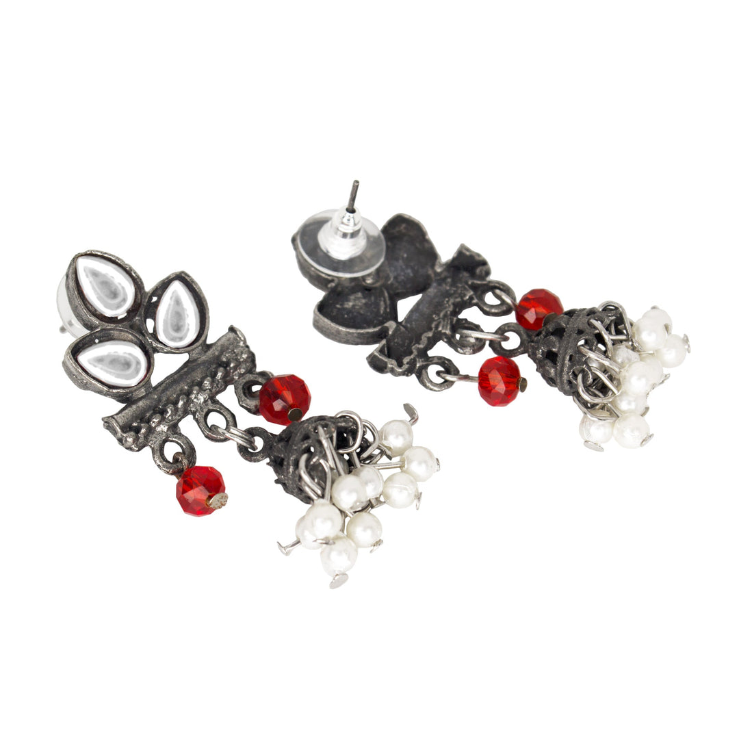 Abhinn Silver Oxidsied Floral Design White Choker Set For Women