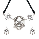 Load image into Gallery viewer, Abhinn Silver Oxidised Geometrical Design With Mirror Work Necklace Set For Women
