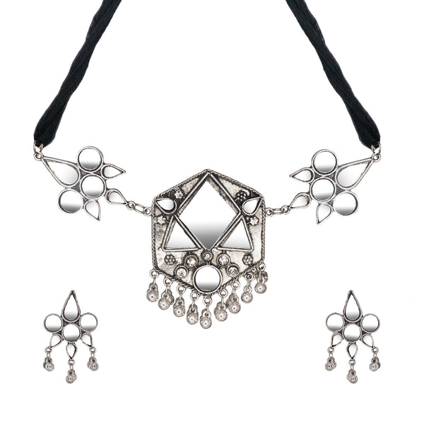 Abhinn Silver Oxidised Geometrical Design With Mirror Work Necklace Set For Women