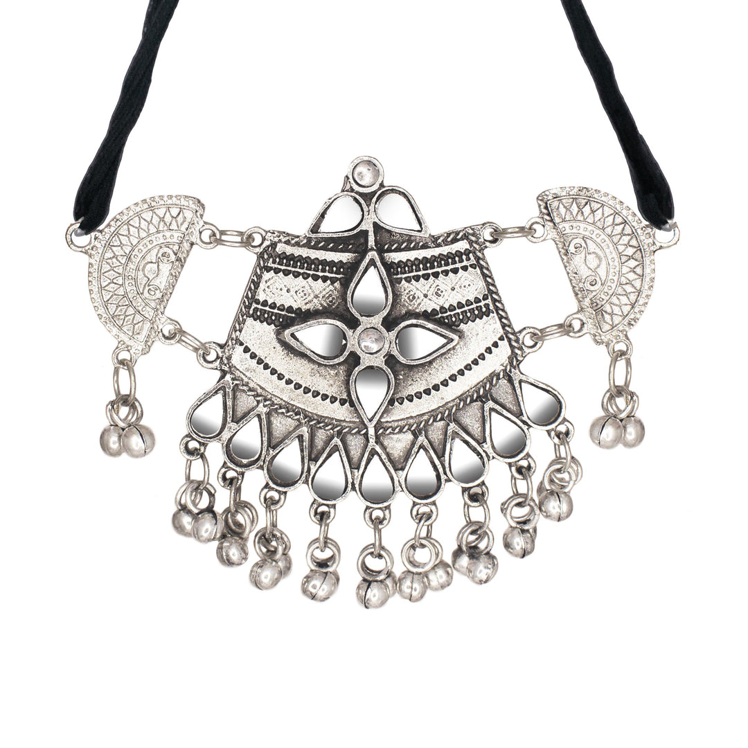 Abhinn Silver Oxidised Temple And Floral Design Mirror Necklace Set For Women