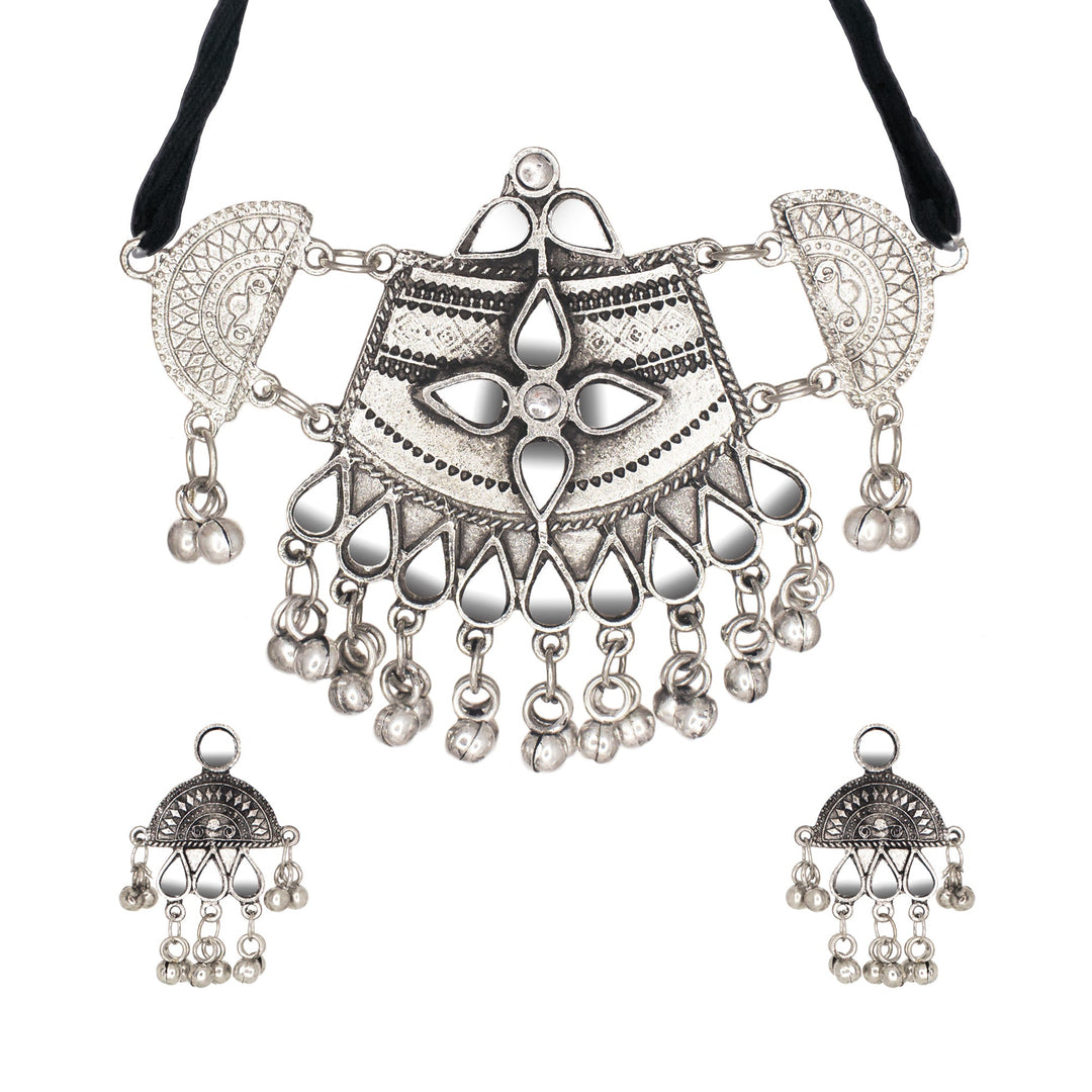 Abhinn Silver Oxidised Temple And Floral Design Mirror Necklace Set For Women
