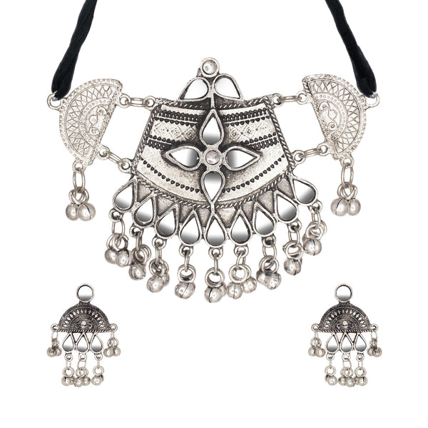 Abhinn Silver Oxidised Temple And Floral Design Mirror Necklace Set For Women